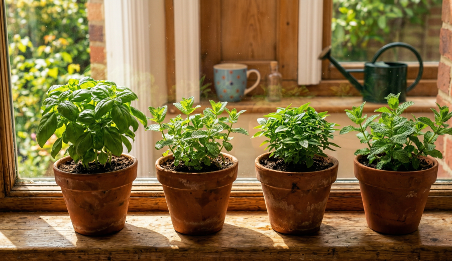 A sunlit kitchen windowsill with small terracotta pots growing fresh herbs like basil, mint, and tulsi, creating a calm and natural home wellness space.
