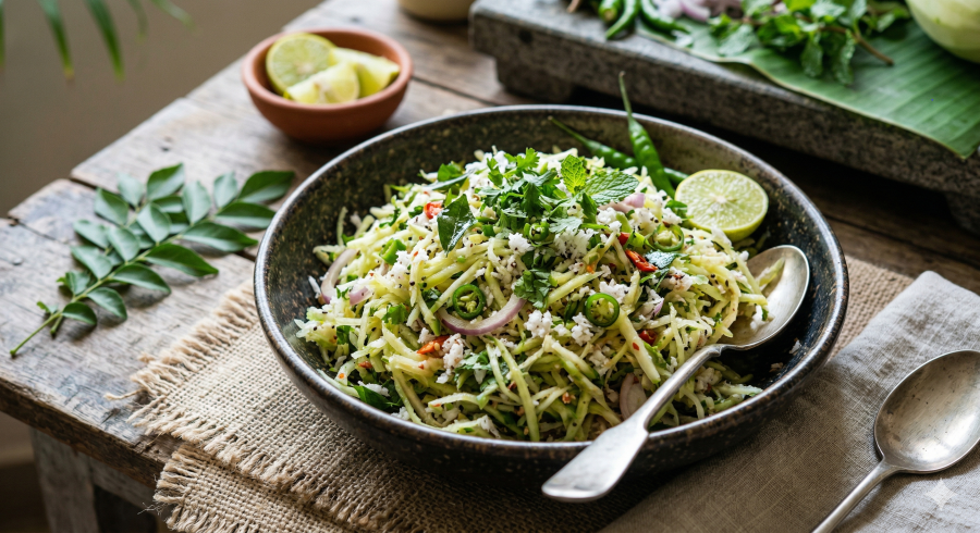 Green papaya and coconut slaw prepared Kerala-style with fresh herbs