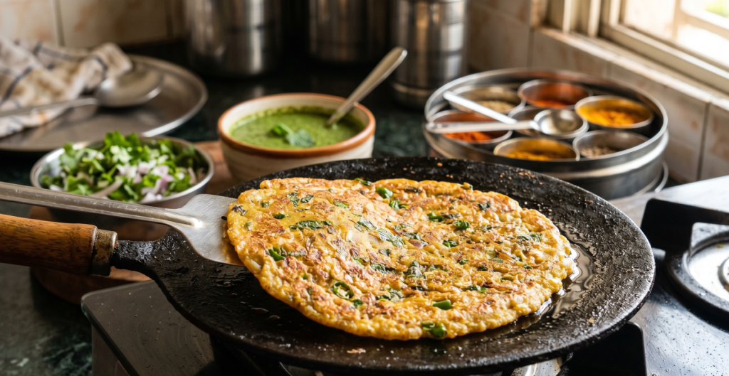 Golden moong dal chilla cooking on a pan, to be served with green chutney, healthy Indian breakfast