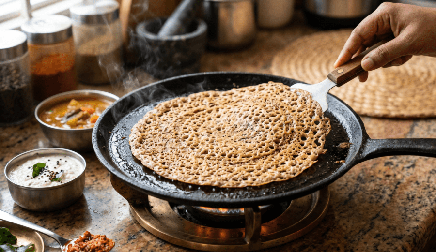 Crispy sprouted ragi dosa with lacy texture cooking on a hot pan, healthy South Indian breakfast