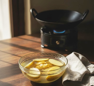 Freshly cut potato wedges soaking in a clear glass bowl of water with a sprinkle of turmeric, alongside a dry cotton towel and a seasoned iron kadai.