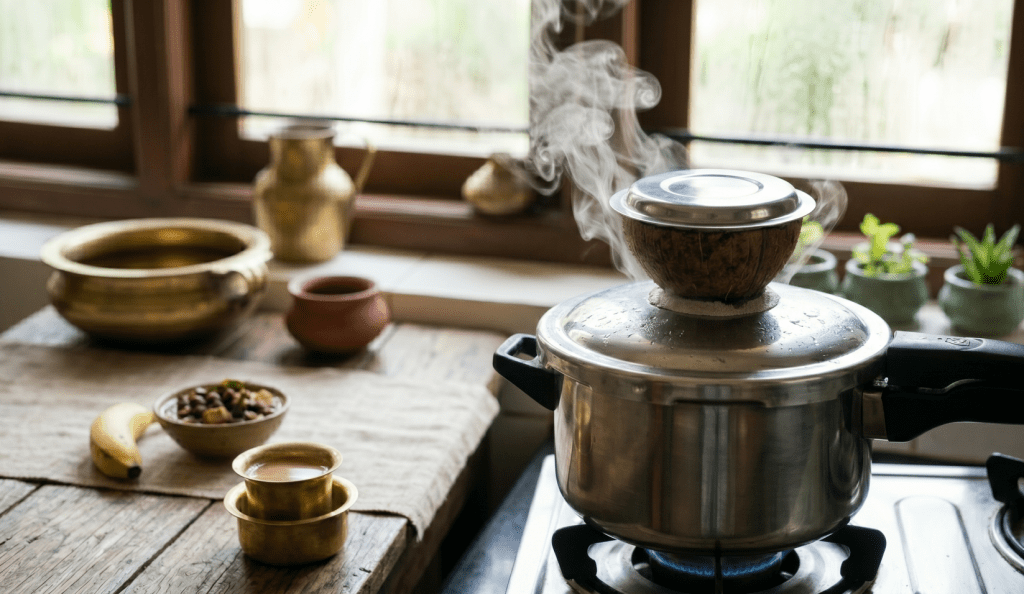 Traditional Kerala Chiratta Puttu steamed in a coconut shell over a pressure cooker