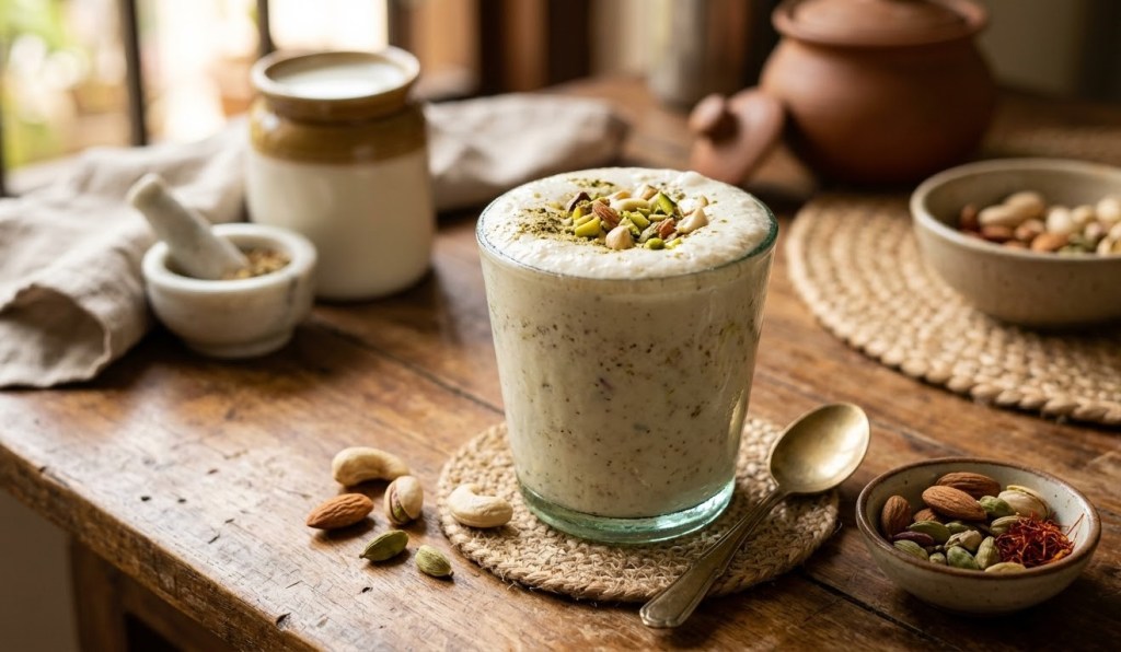 A glass of frothy nut and cardamom shake topped with crushed pistachios on a rustic wooden table, with ingredients like cashews, almonds, cardamom pods, and saffron arranged in small bowls around it.